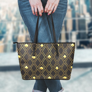 Gold Playing Card Suits Pattern Print Leather Tote Bag