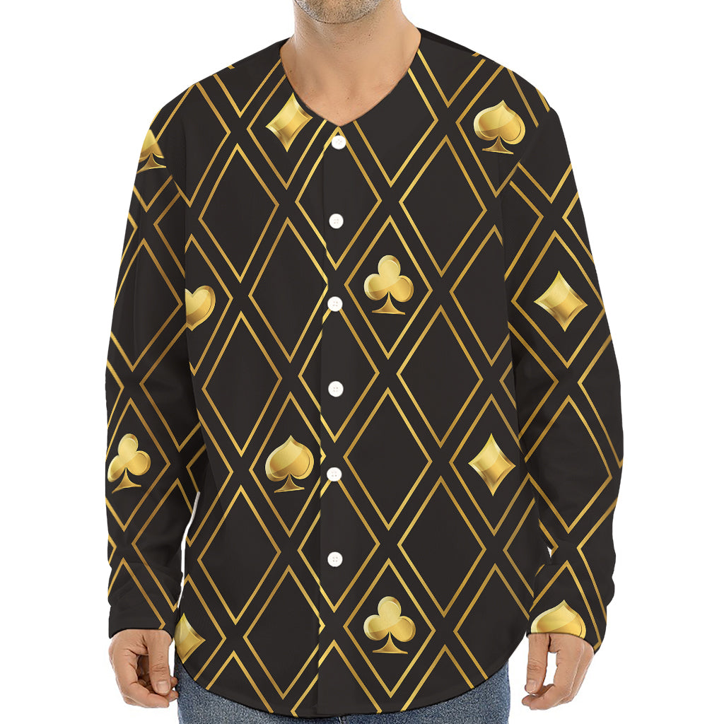 Gold Playing Card Suits Pattern Print Long Sleeve Baseball Jersey