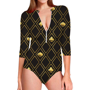 Gold Playing Card Suits Pattern Print Long Sleeve Swimsuit