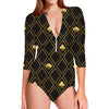 Gold Playing Card Suits Pattern Print Long Sleeve Swimsuit