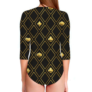 Gold Playing Card Suits Pattern Print Long Sleeve Swimsuit