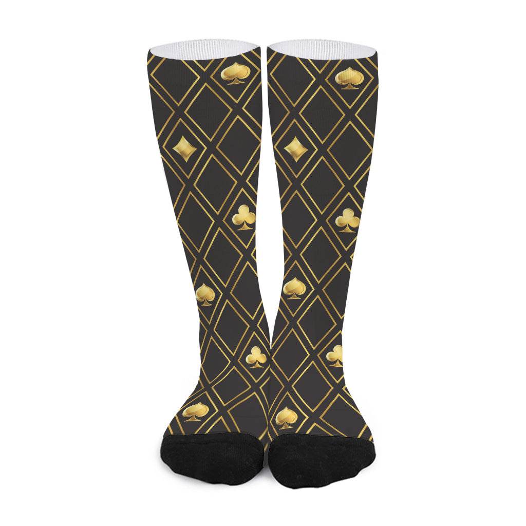 Gold Playing Card Suits Pattern Print Long Socks