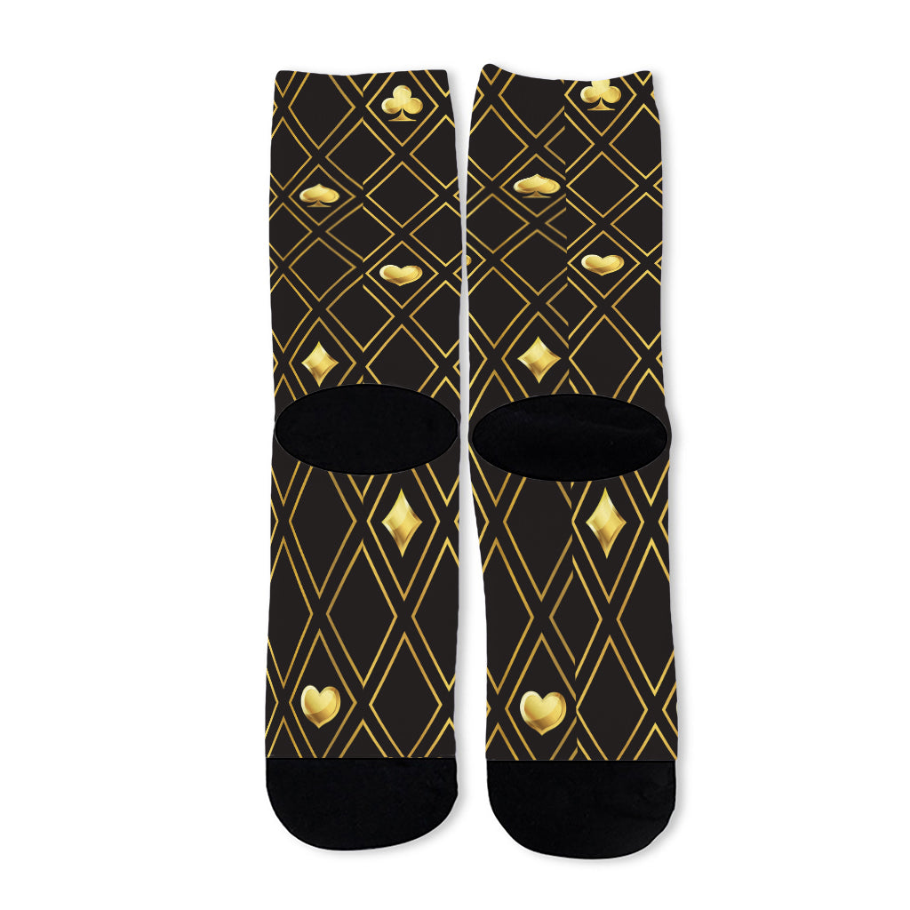 Gold Playing Card Suits Pattern Print Long Socks