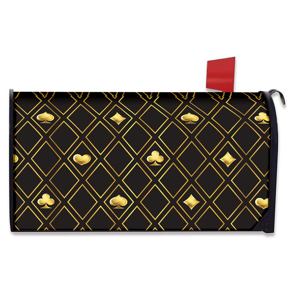 Gold Playing Card Suits Pattern Print Mailbox Cover