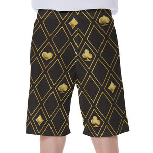 Gold Playing Card Suits Pattern Print Men's Beach Shorts