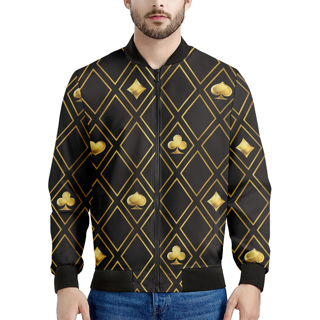 Gold Playing Card Suits Pattern Print Men's Bomber Jacket