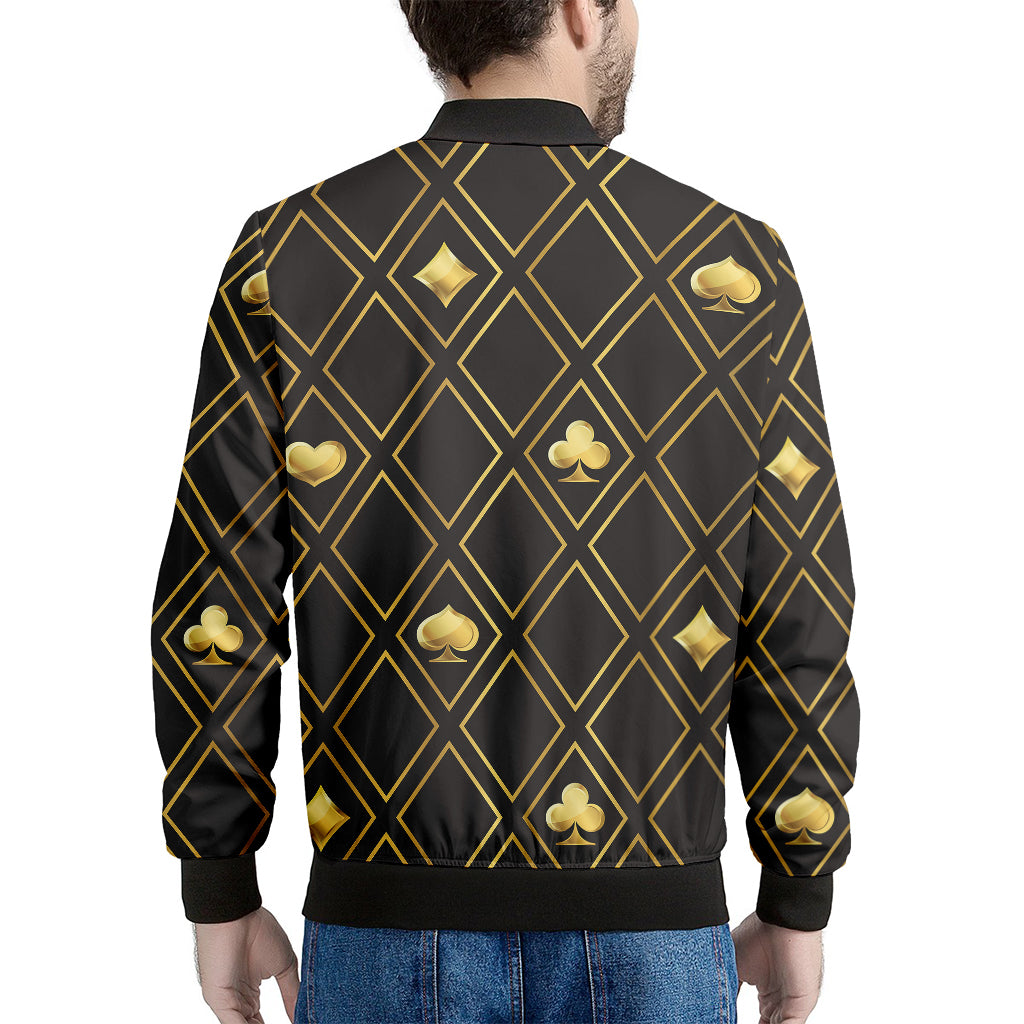 Gold Playing Card Suits Pattern Print Men's Bomber Jacket