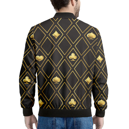 Gold Playing Card Suits Pattern Print Men's Bomber Jacket