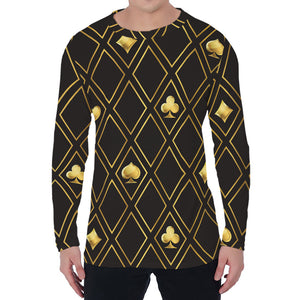 Gold Playing Card Suits Pattern Print Men's Long Sleeve T-Shirt