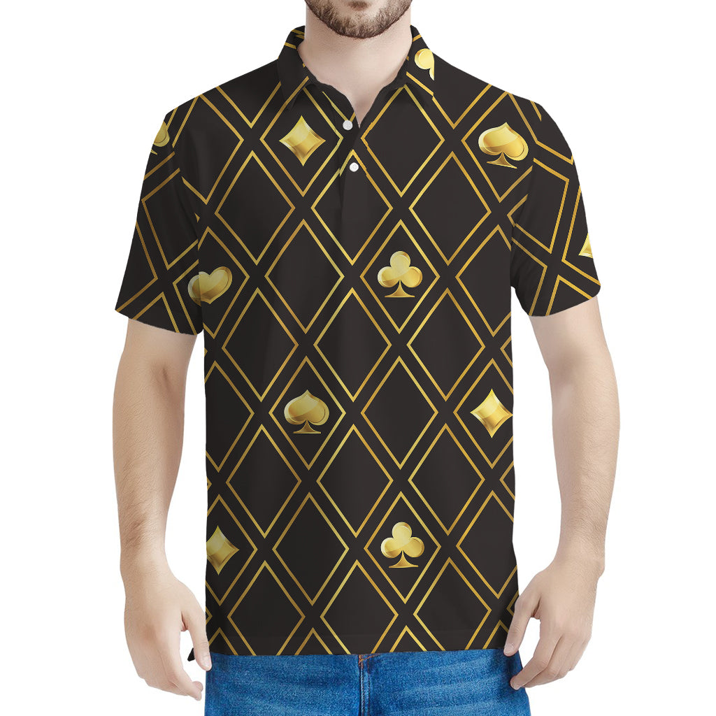 Gold Playing Card Suits Pattern Print Men's Polo Shirt