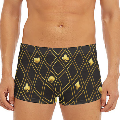 Gold Playing Card Suits Pattern Print Men's Short Boxer Briefs