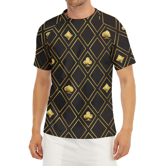 Gold Playing Card Suits Pattern Print Men's Short Sleeve Rash Guard