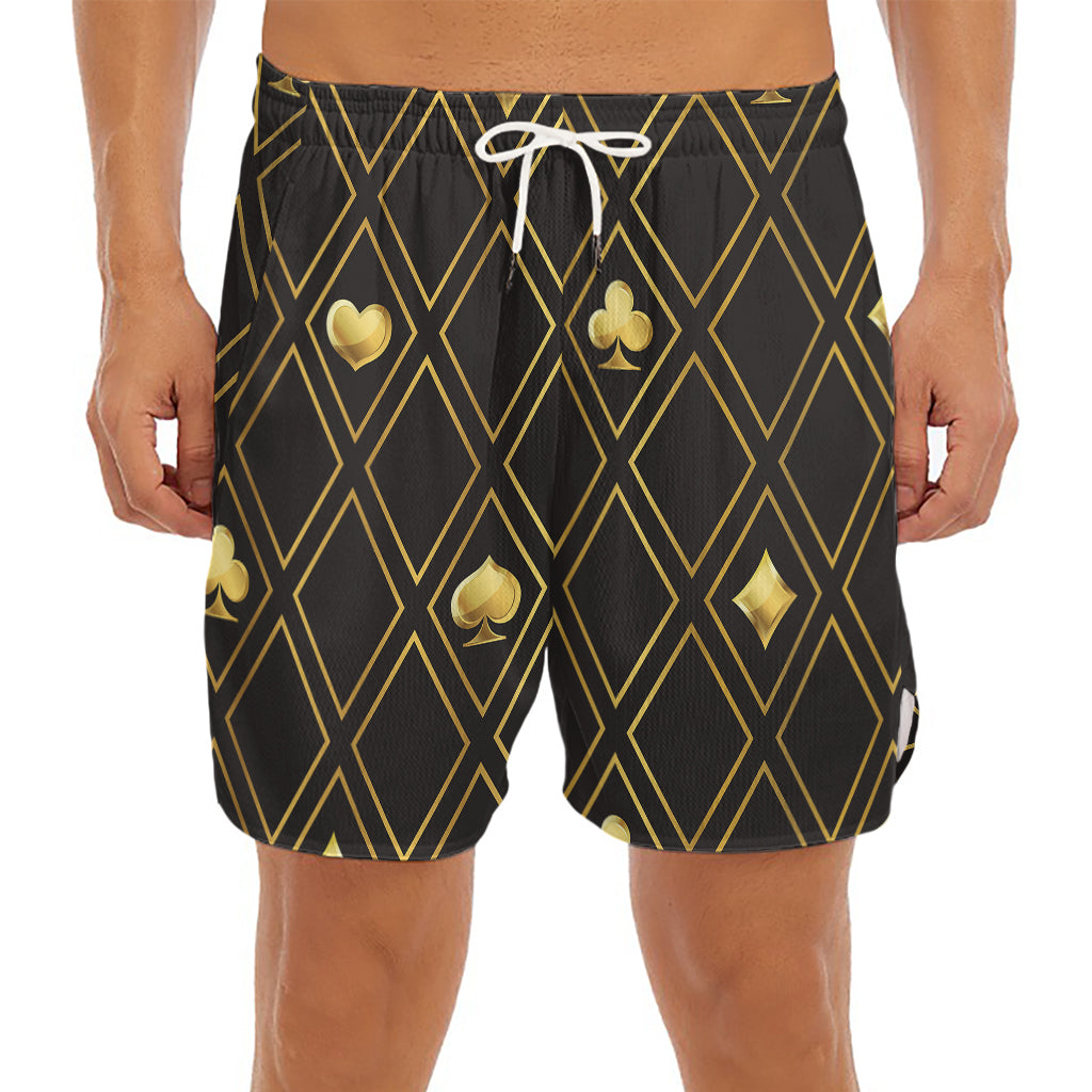 Gold Playing Card Suits Pattern Print Men's Split Running Shorts