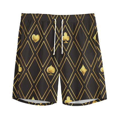 Gold Playing Card Suits Pattern Print Men's Sports Shorts