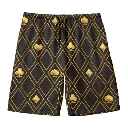Gold Playing Card Suits Pattern Print Men's Swim Trunks