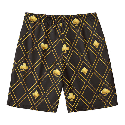 Gold Playing Card Suits Pattern Print Men's Swim Trunks
