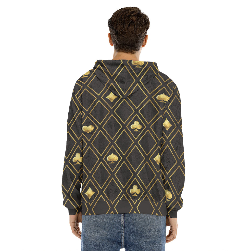 Gold Playing Card Suits Pattern Print Men's Velvet Pullover Hoodie