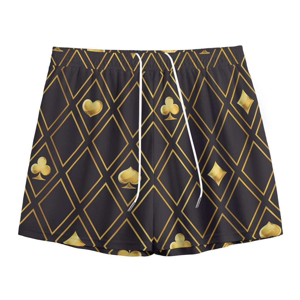 Gold Playing Card Suits Pattern Print Mesh Shorts