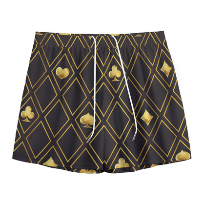 Gold Playing Card Suits Pattern Print Mesh Shorts