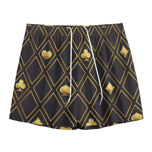 Gold Playing Card Suits Pattern Print Mesh Shorts