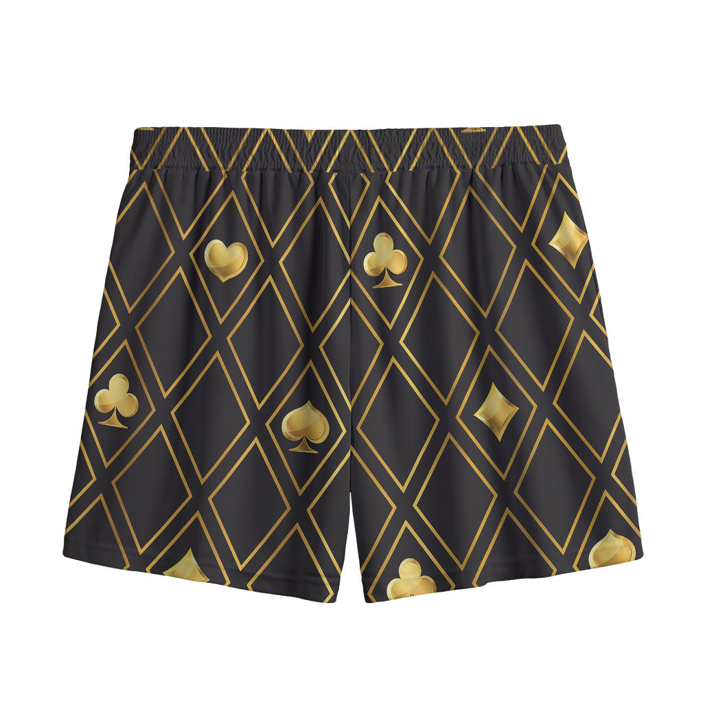 Gold Playing Card Suits Pattern Print Mesh Shorts