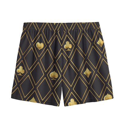 Gold Playing Card Suits Pattern Print Mesh Shorts