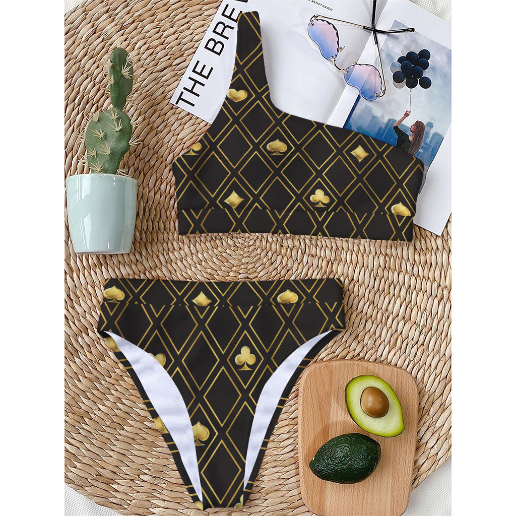 Gold Playing Card Suits Pattern Print One Shoulder Bikini Top