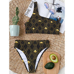 Gold Playing Card Suits Pattern Print One Shoulder Bikini Top