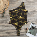 Gold Playing Card Suits Pattern Print One Shoulder Bodysuit
