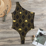Gold Playing Card Suits Pattern Print One Shoulder Bodysuit