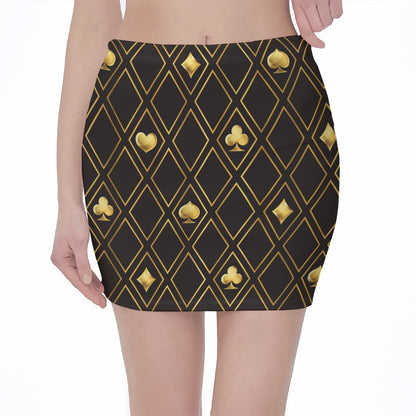 Gold Playing Card Suits Pattern Print Pencil Mini Skirt
