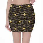 Gold Playing Card Suits Pattern Print Pencil Mini Skirt