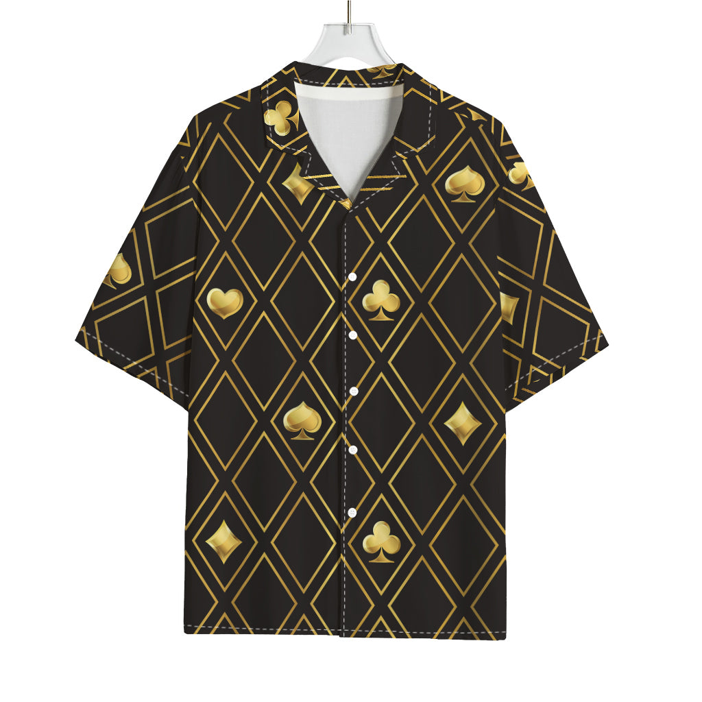 Gold Playing Card Suits Pattern Print Rayon Hawaiian Shirt