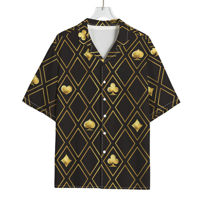 Gold Playing Card Suits Pattern Print Rayon Hawaiian Shirt