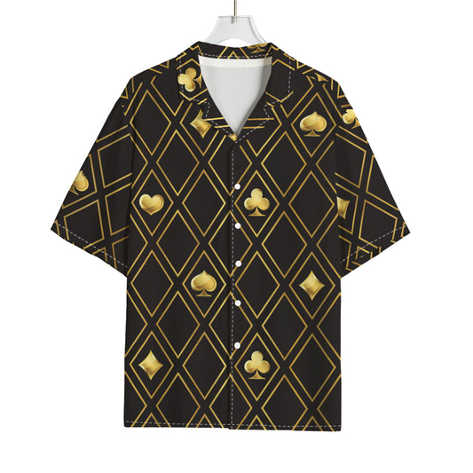 Gold Playing Card Suits Pattern Print Rayon Hawaiian Shirt