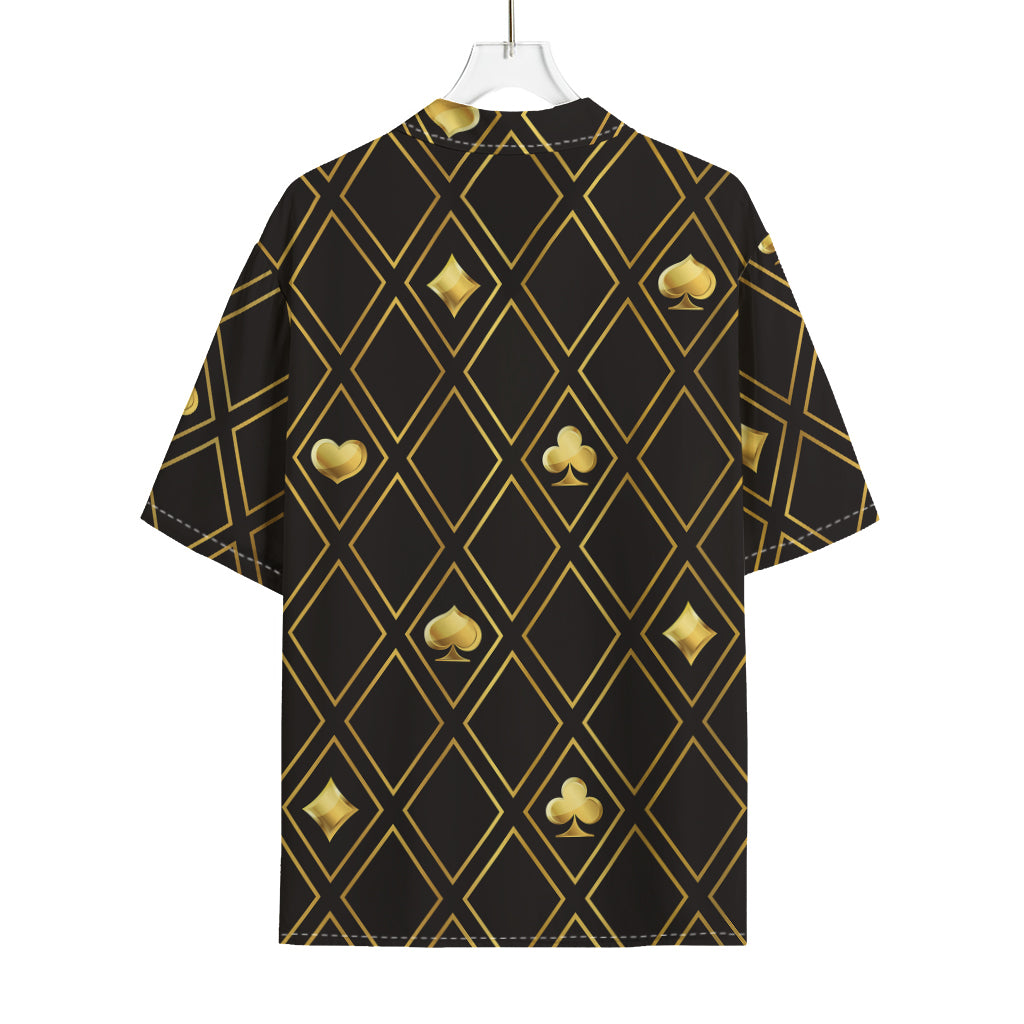 Gold Playing Card Suits Pattern Print Rayon Hawaiian Shirt