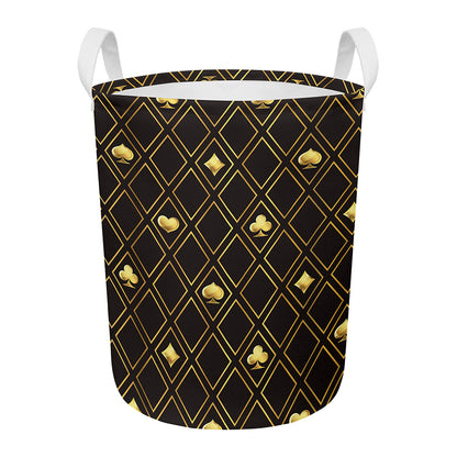 Gold Playing Card Suits Pattern Print Round Laundry Basket