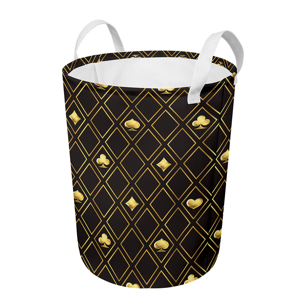 Gold Playing Card Suits Pattern Print Round Laundry Basket