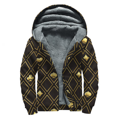 Gold Playing Card Suits Pattern Print Sherpa Lined Zip Up Hoodie