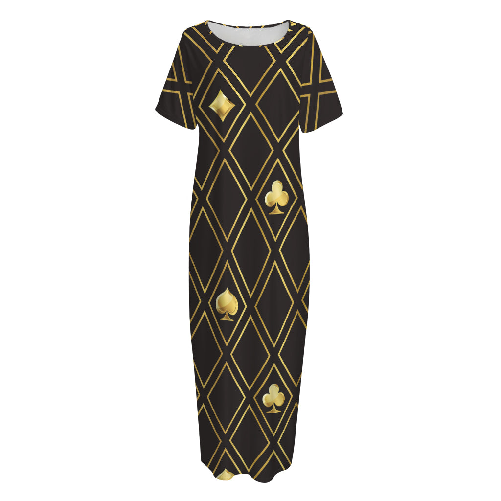 Gold Playing Card Suits Pattern Print Short Sleeve Long Nightdress