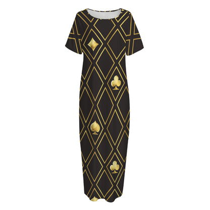 Gold Playing Card Suits Pattern Print Short Sleeve Long Nightdress