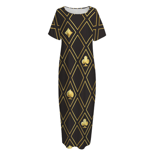 Gold Playing Card Suits Pattern Print Short Sleeve Long Nightdress
