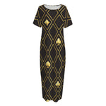 Gold Playing Card Suits Pattern Print Short Sleeve Long Nightdress