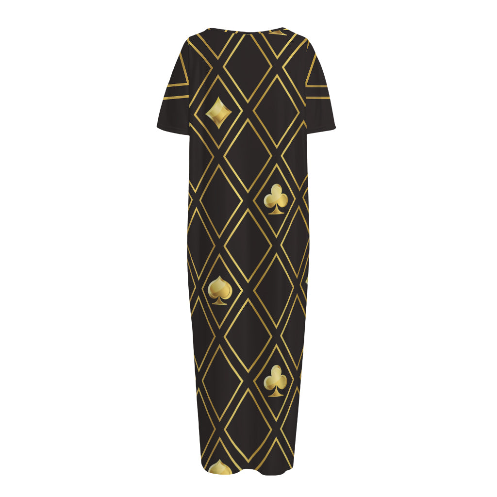 Gold Playing Card Suits Pattern Print Short Sleeve Long Nightdress