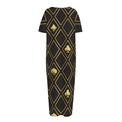 Gold Playing Card Suits Pattern Print Short Sleeve Long Nightdress