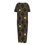 Gold Playing Card Suits Pattern Print Short Sleeve Long Nightdress