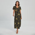 Gold Playing Card Suits Pattern Print Short Sleeve Maxi Dress