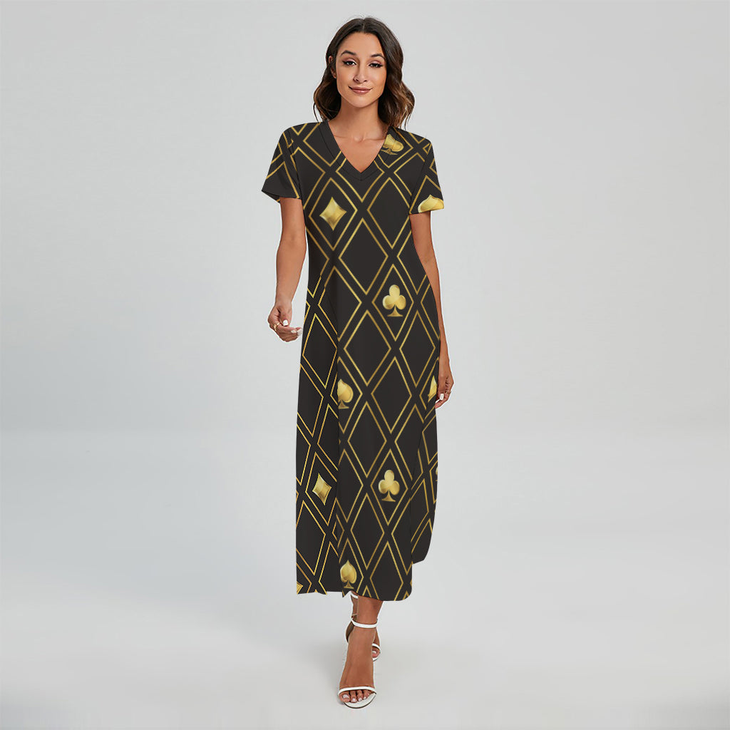 Gold Playing Card Suits Pattern Print Short Sleeve Maxi Dress
