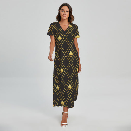 Gold Playing Card Suits Pattern Print Short Sleeve Maxi Dress