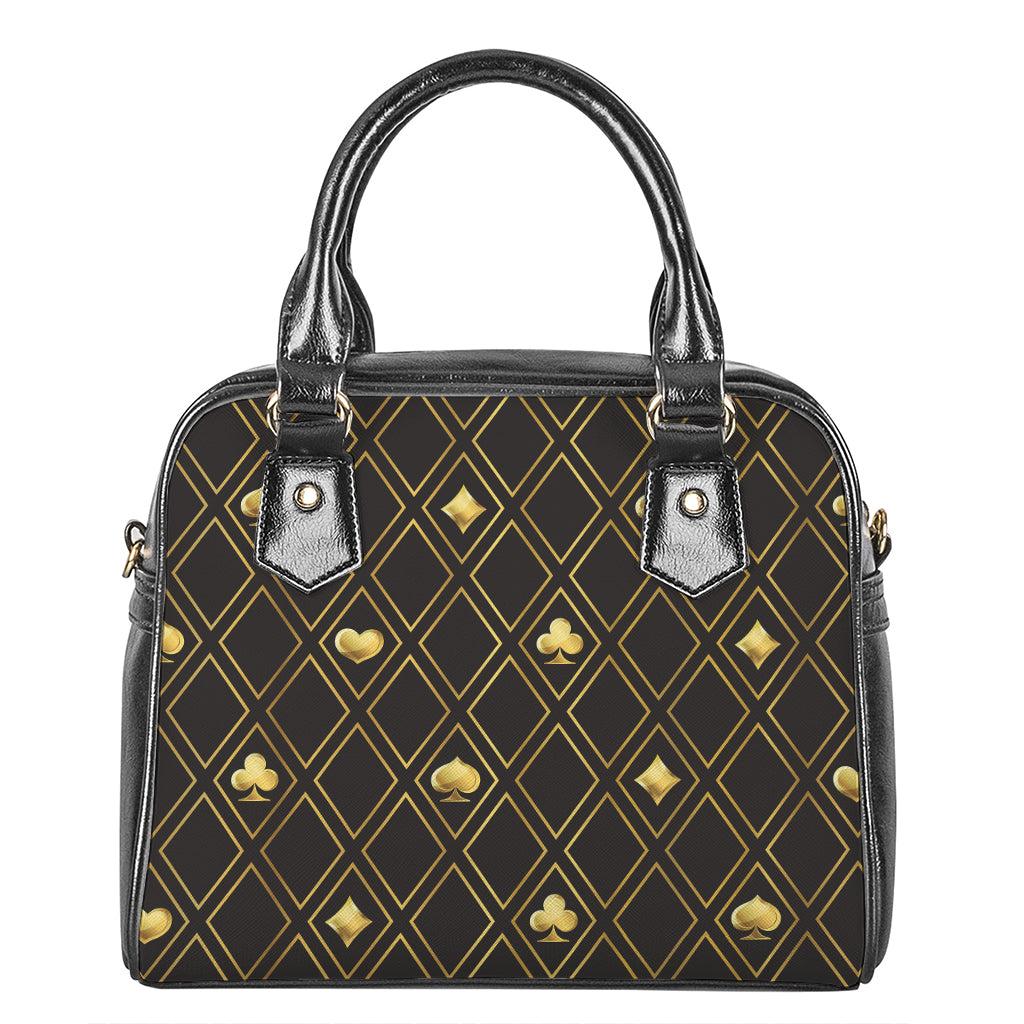 Gold Playing Card Suits Pattern Print Shoulder Handbag